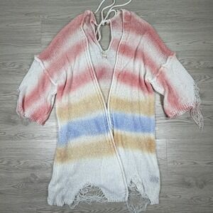 POL Women's Cardigan Rainbow Stripe Distressed Open‎ Knit Fringe Small
